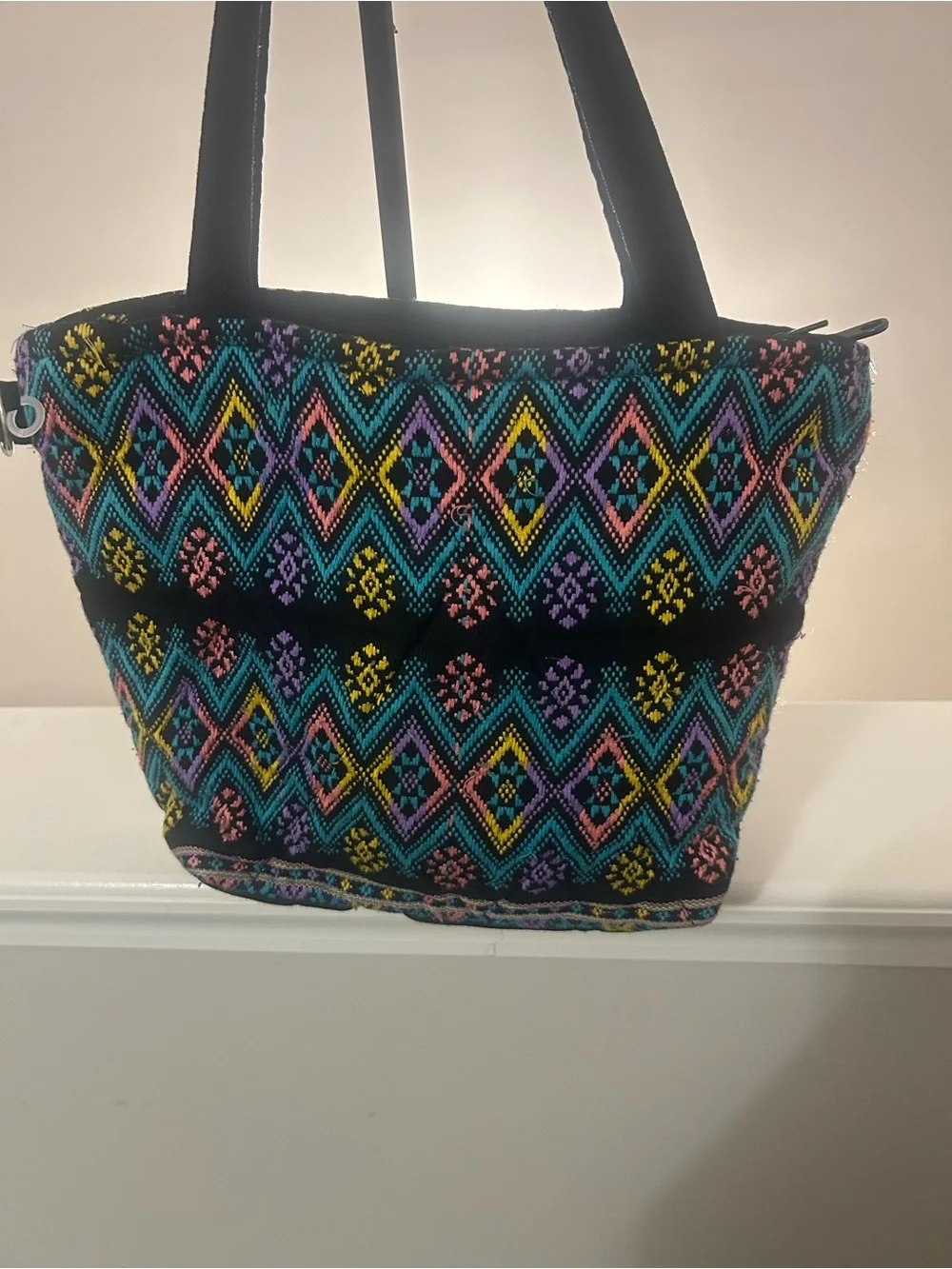 Boho Diamond-Embroidered hobo-style Bag - Black with Teal, Pink & Yellow Accents